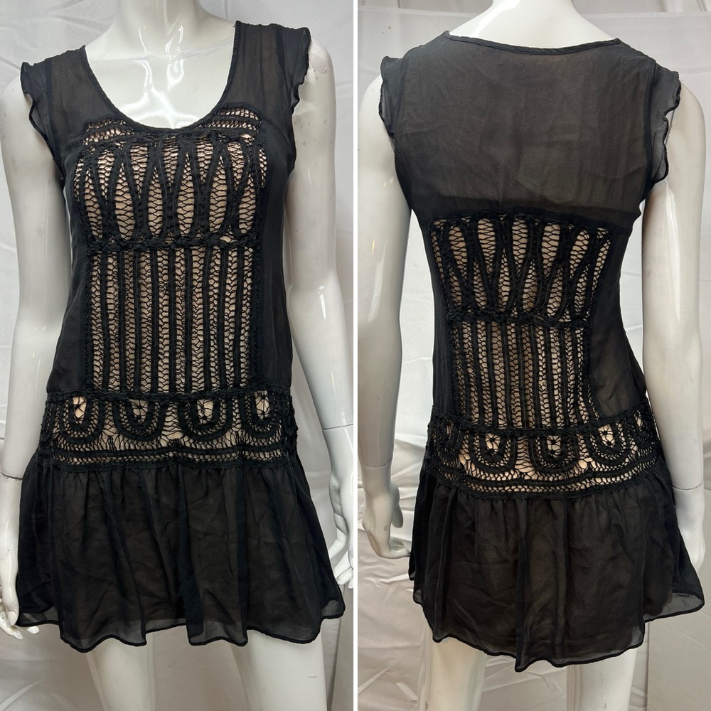 Derhy Women's S Black Crochet Lace Silk Georgette Mini Shift Dress Anthropologie